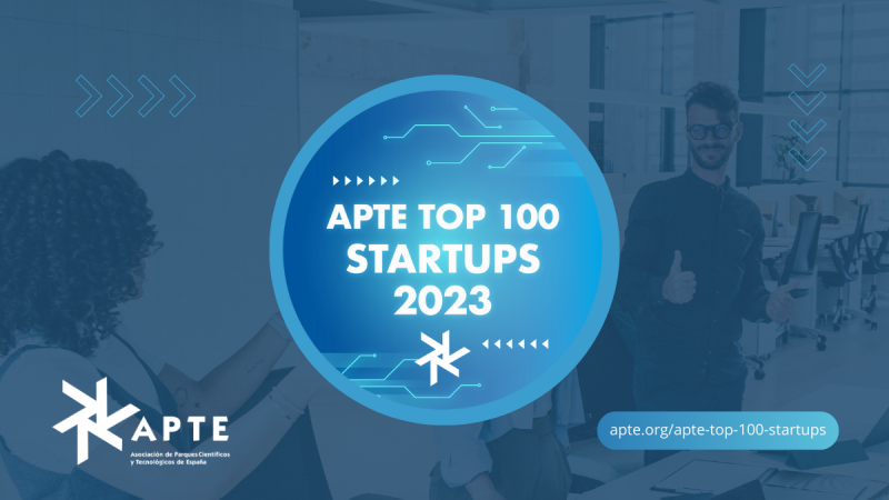 Logotipo APTE TOP 100 STARTUPS 2023 nun fondo de oficina moderno
